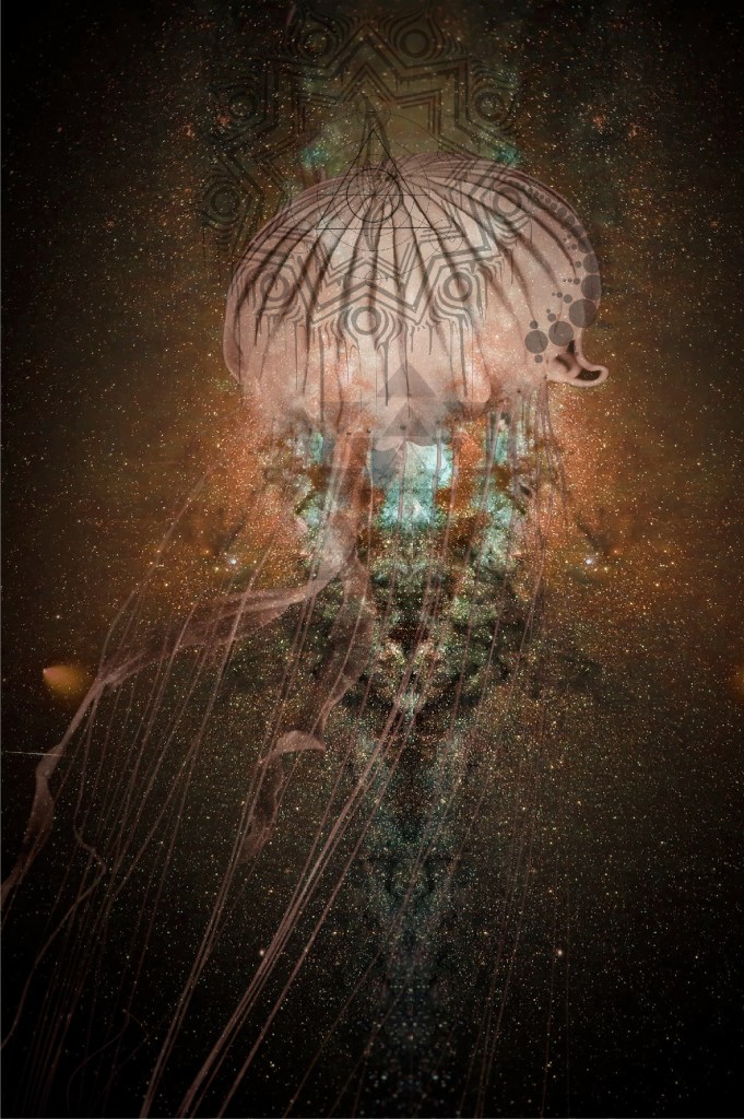 A digital artwork depicting a jellyfish surrounded by a cosmic background featuring stars and vibrant colors.