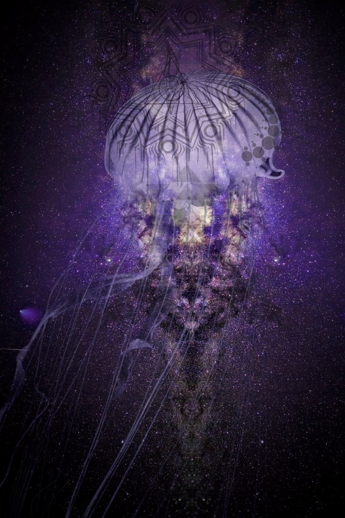 A digital artwork depicting a jellyfish against a cosmic, purple starry background.