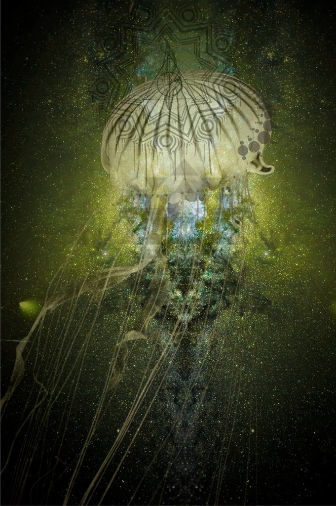 A digital artwork featuring an ethereal jellyfish surrounded by a cosmic background filled with stars and abstract patterns.