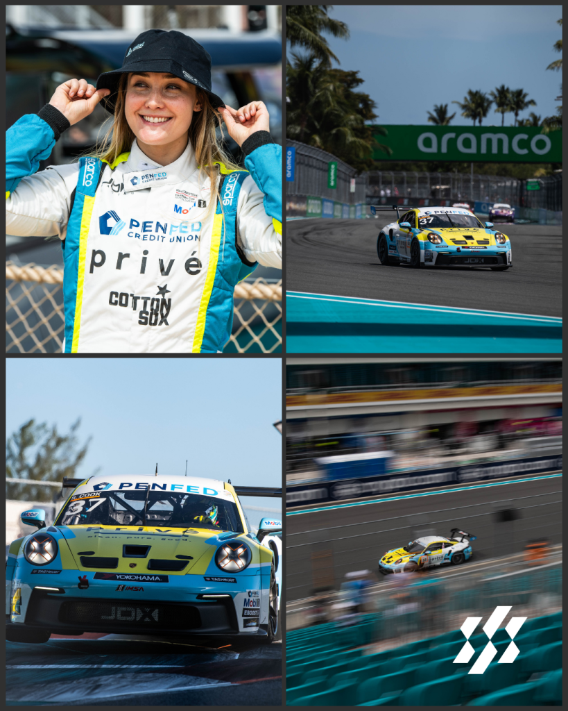 A smiling female race car driver in a sponsor-branded racing suit and hat, posing for the camera.